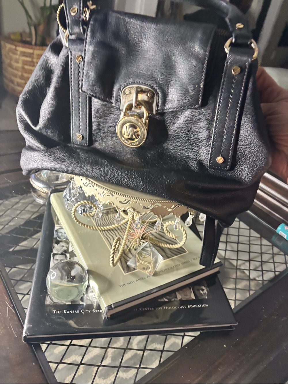Michael Kors Black Leather Shoulder Bag with Gold-Tone MK Lock